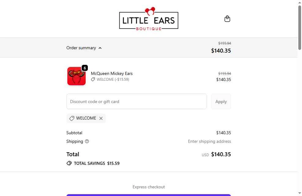 Little Ears Boutique checkout page showing Little Ears Boutique discount code box | Screenshot taken by SimplyCodes community member on Jan 16, 2026