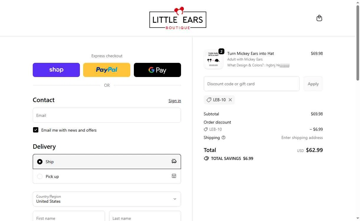 Little Ears Boutique checkout page showing Little Ears Boutique discount code box | Screenshot taken by SimplyCodes community member on Jan 16, 2026