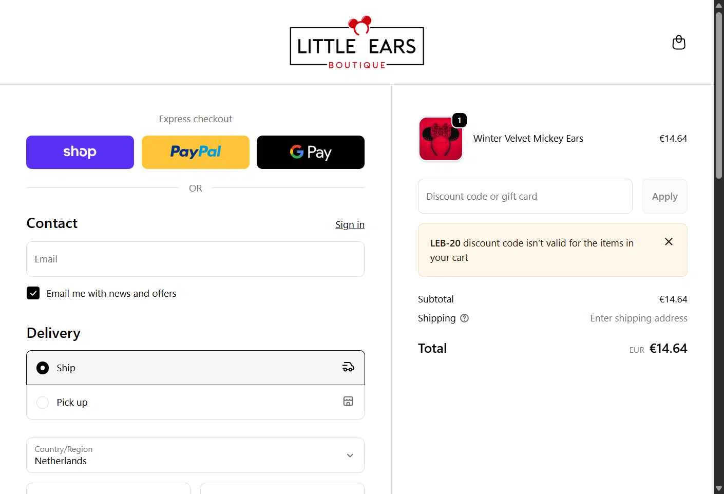 Little Ears Boutique checkout page showing Little Ears Boutique discount code box | Screenshot taken by SimplyCodes community member on Feb 5, 2026