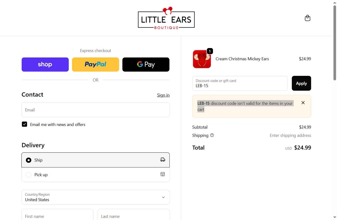 Little Ears Boutique checkout page showing Little Ears Boutique discount code box | Screenshot taken by SimplyCodes community member on Nov 19, 2025