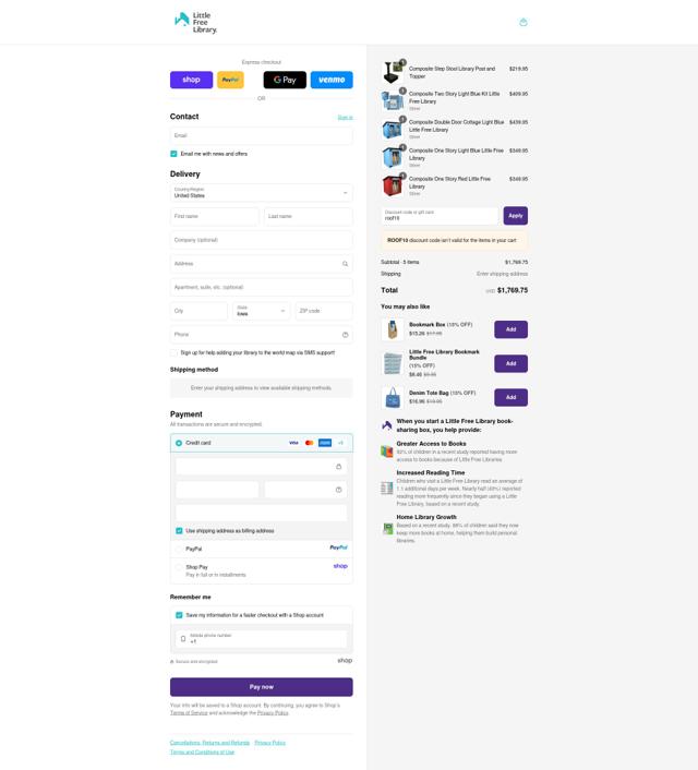 Little Free Library checkout page showing Little Free Library coupon code box | Screenshot taken by SimplyCodes community member on Sep 12, 2025