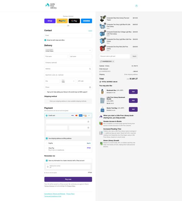 Little Free Library checkout page showing Little Free Library coupon code box | Screenshot taken by SimplyCodes community member on Sep 8, 2025