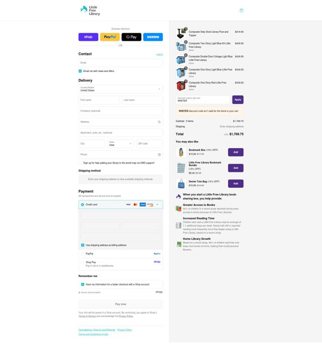 Little Free Library checkout page showing Little Free Library coupon code box | Screenshot taken by SimplyCodes community member on Sep 8, 2025