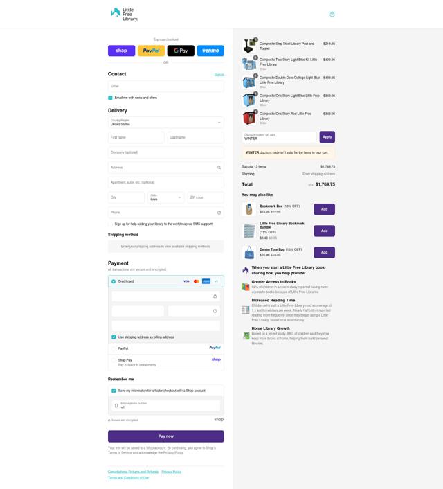 Little Free Library checkout page showing Little Free Library coupon code box | Screenshot taken by SimplyCodes community member on Sep 12, 2025