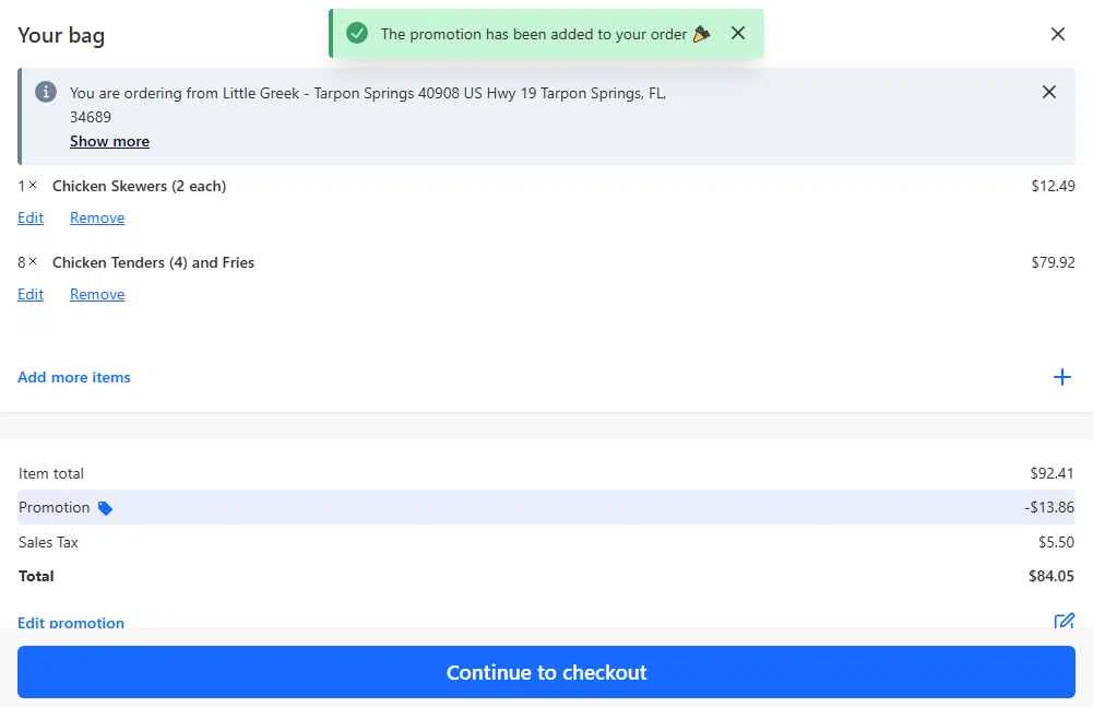 Little Greek Fresh Grill checkout page showing Little Greek Fresh Grill coupon code box | Screenshot taken by SimplyCodes community member on Apr 18, 2025