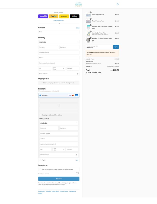 Little Hometown checkout page showing Little Hometown coupon code box | Screenshot taken by SimplyCodes community member on Aug 26, 2025