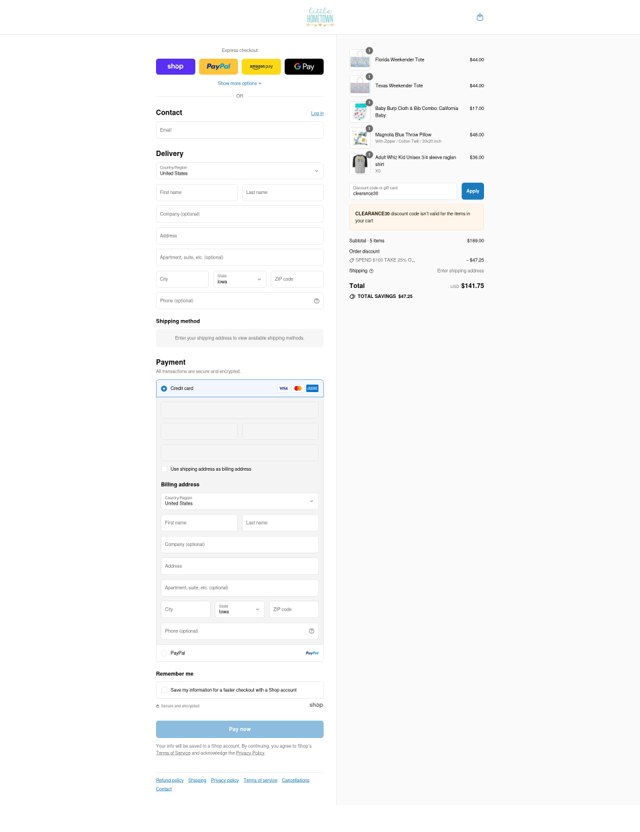Little Hometown checkout page showing Little Hometown coupon code box | Screenshot taken by SimplyCodes community member on Sep 3, 2025