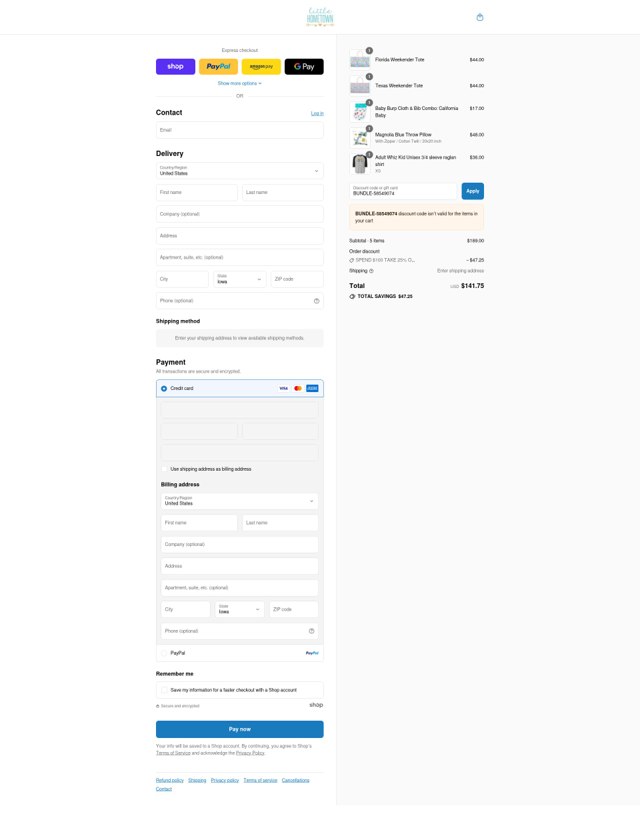 Little Hometown checkout page showing Little Hometown coupon code box | Screenshot taken by SimplyCodes community member on Sep 3, 2025