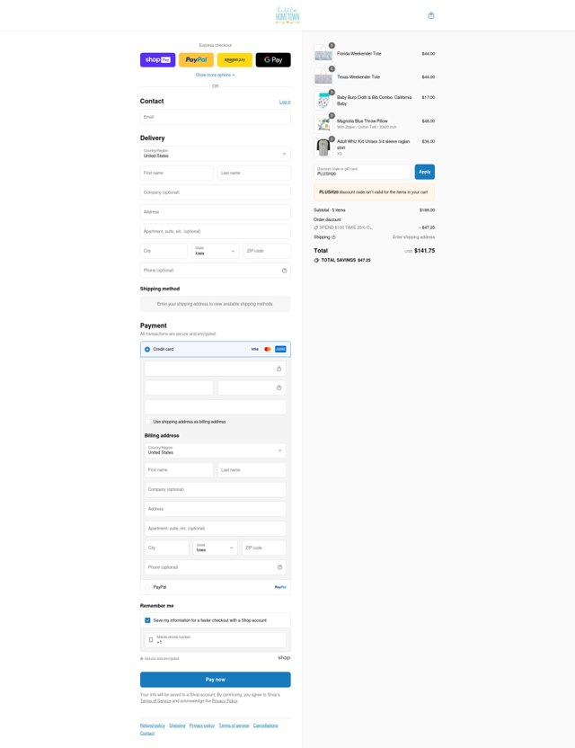 Little Hometown checkout page showing Little Hometown coupon code box | Screenshot taken by SimplyCodes community member on Aug 26, 2025