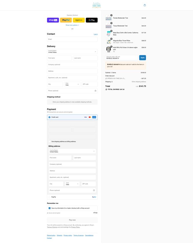 Little Hometown checkout page showing Little Hometown coupon code box | Screenshot taken by SimplyCodes community member on Aug 26, 2025