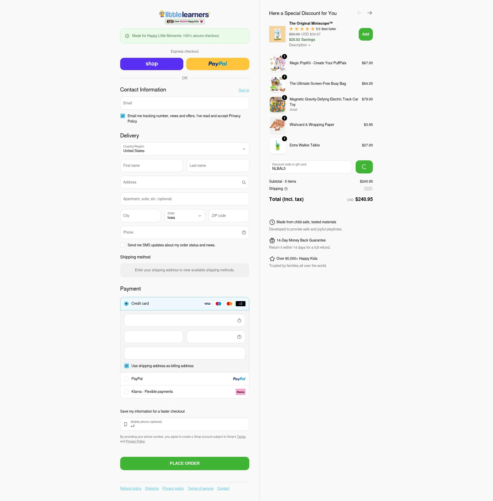 Little Learners checkout page showing Little Learners coupon code box | Screenshot taken by SimplyCodes community member on Feb 1, 2026