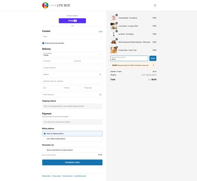Little Life Box checkout page showing Little Life Box promo code box | Screenshot taken by SimplyCodes community member on Jan 5, 2025