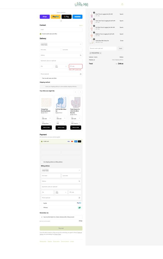 Little Me checkout page showing Little Me promo code box | Screenshot taken by SimplyCodes community member on Sep 12, 2025
