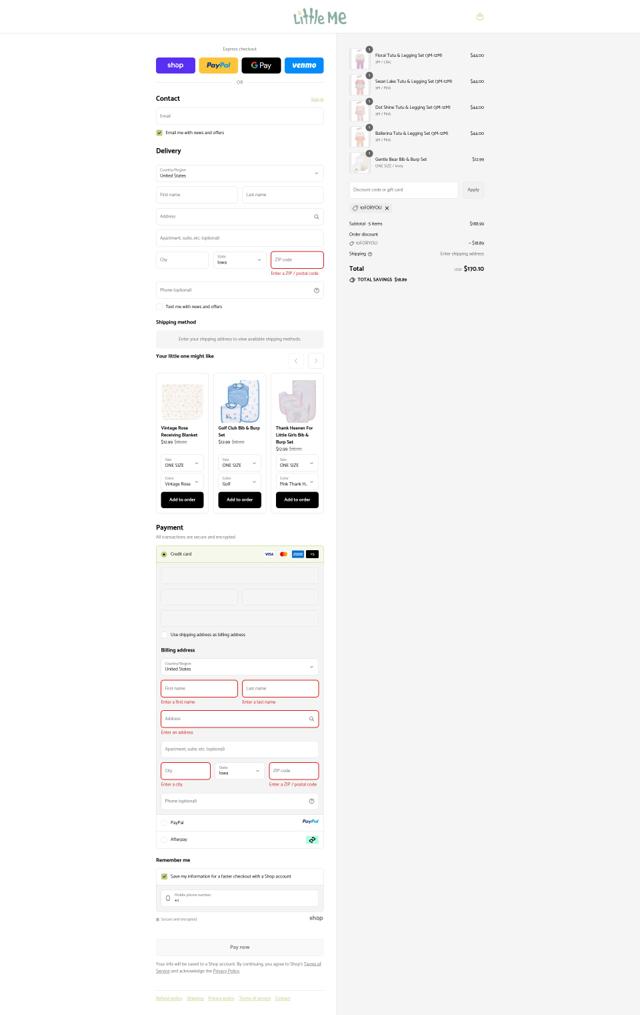 Little Me checkout page showing Little Me promo code box | Screenshot taken by SimplyCodes community member on Sep 12, 2025