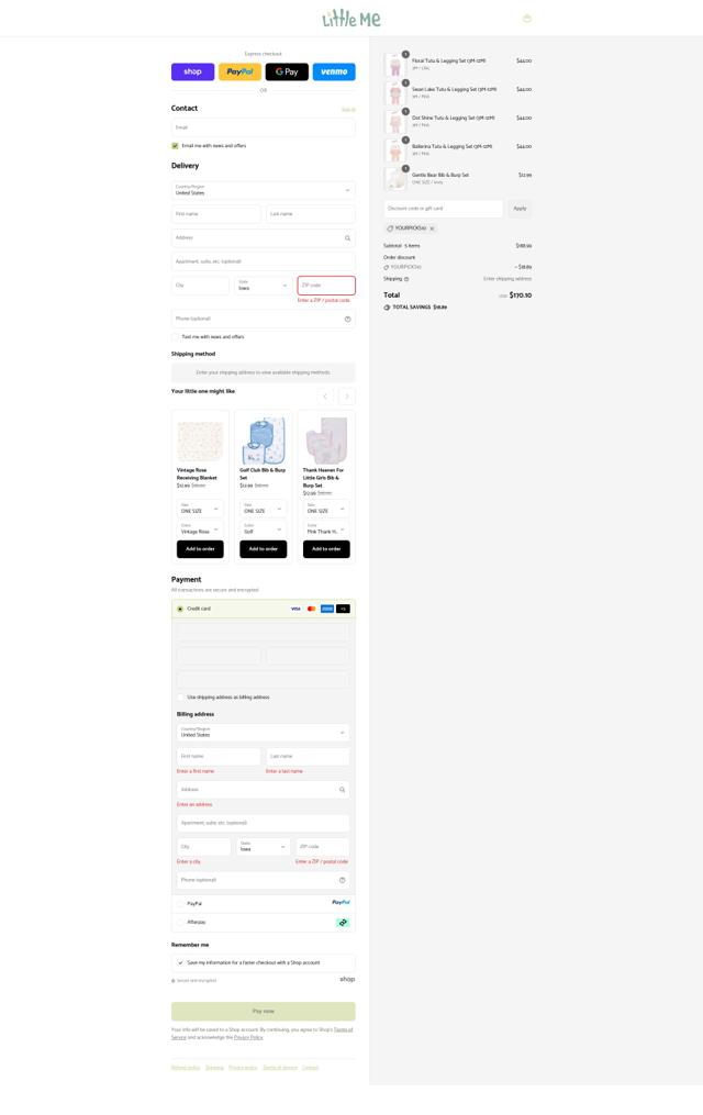 Little Me checkout page showing Little Me promo code box | Screenshot taken by SimplyCodes community member on Sep 12, 2025
