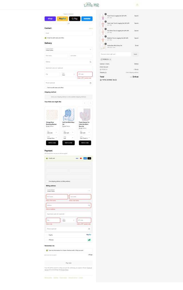 Little Me checkout page showing Little Me promo code box | Screenshot taken by SimplyCodes community member on Sep 12, 2025