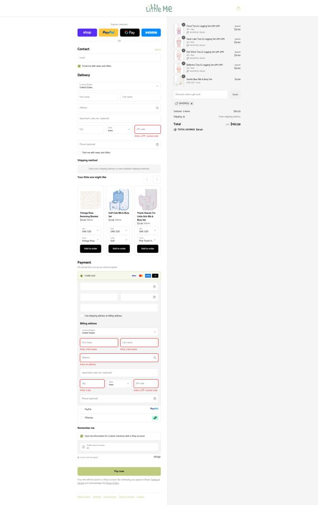 Little Me checkout page showing Little Me promo code box | Screenshot taken by SimplyCodes community member on Sep 12, 2025