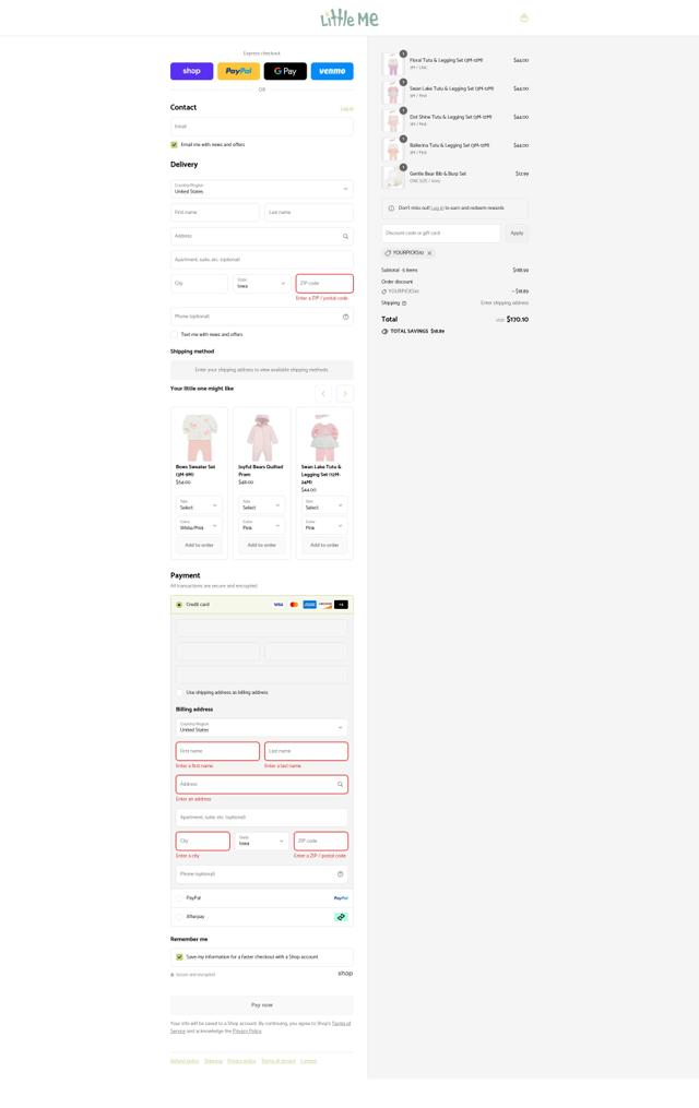 Little Me checkout page showing Little Me promo code box | Screenshot taken by SimplyCodes community member on Sep 8, 2025
