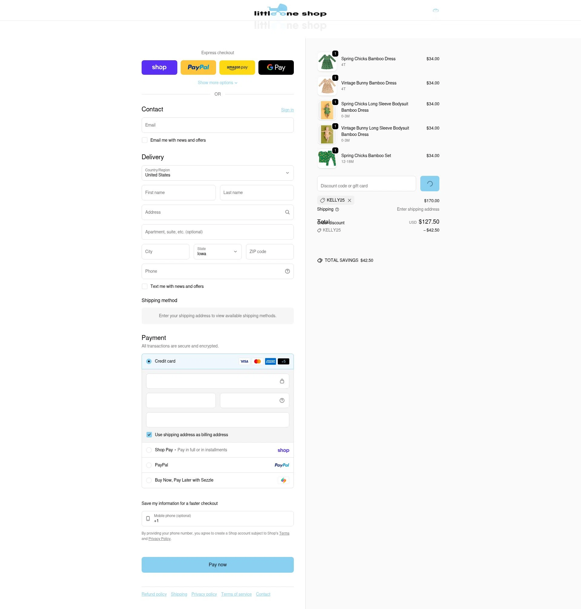 Little One Shop checkout page showing Little One Shop discount code box | Screenshot taken by SimplyCodes community member on Feb 19, 2026