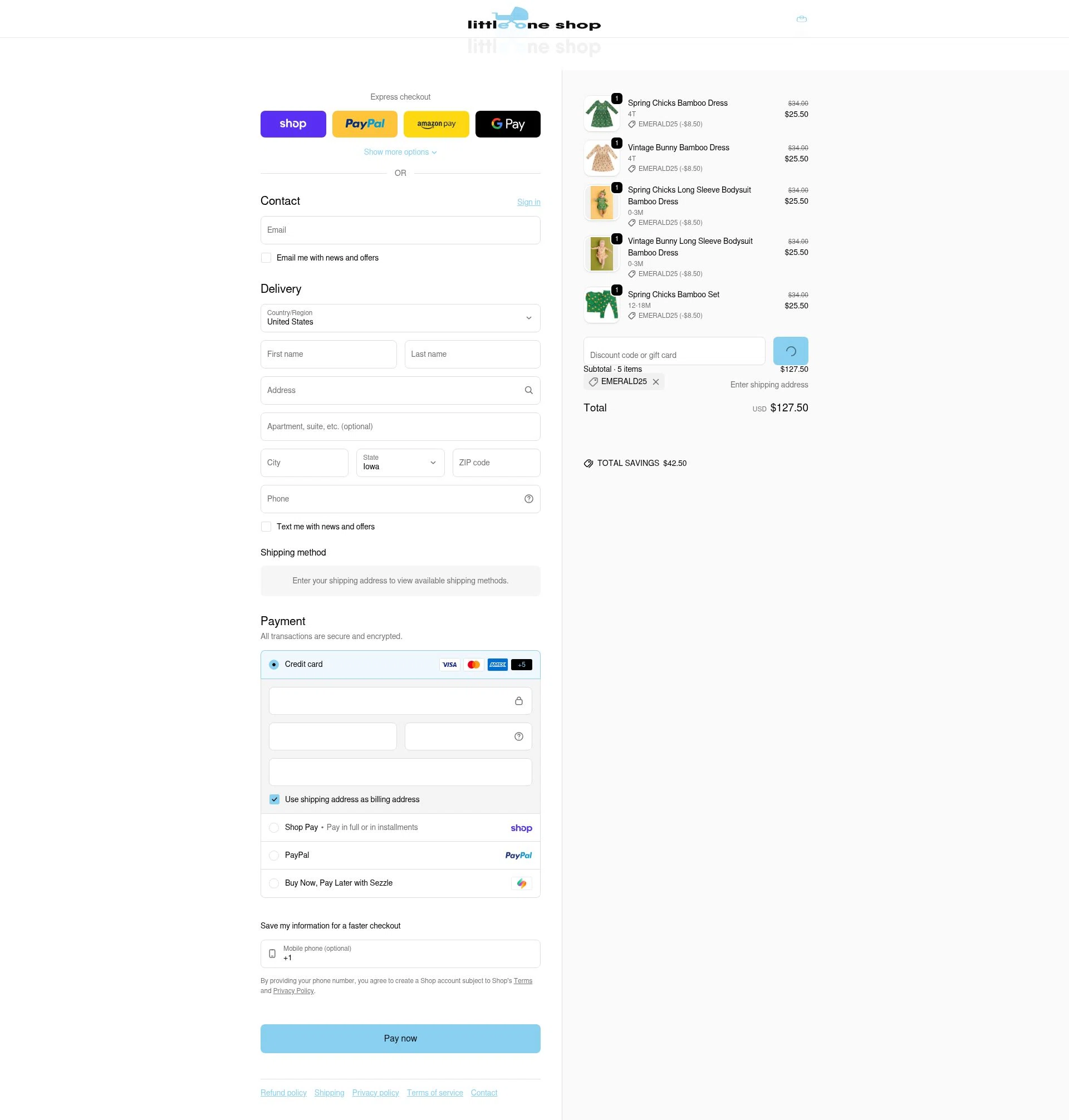 Little One Shop checkout page showing Little One Shop discount code box | Screenshot taken by SimplyCodes community member on Feb 19, 2026