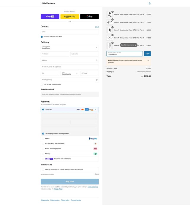 Little Partners checkout page showing Little Partners promo code box | Screenshot taken by SimplyCodes community member on Feb 11, 2025