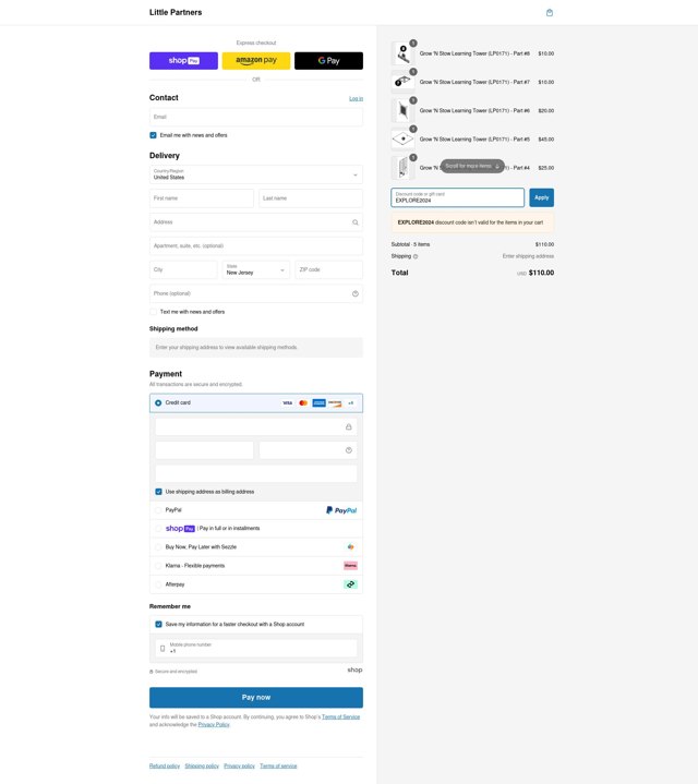 Little Partners checkout page showing Little Partners promo code box | Screenshot taken by SimplyCodes community member on Feb 15, 2025