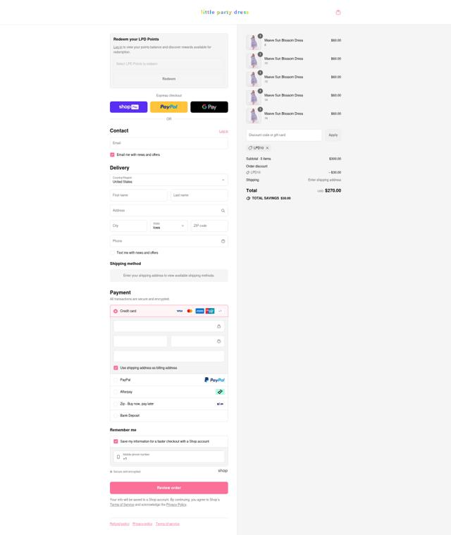 Little Party Dress checkout page showing Little Party Dress promo code box | Screenshot taken by SimplyCodes community member on Aug 6, 2025