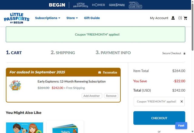 Little Passports checkout page showing Little Passports coupon code box | Screenshot taken by SimplyCodes community member on Aug 11, 2025