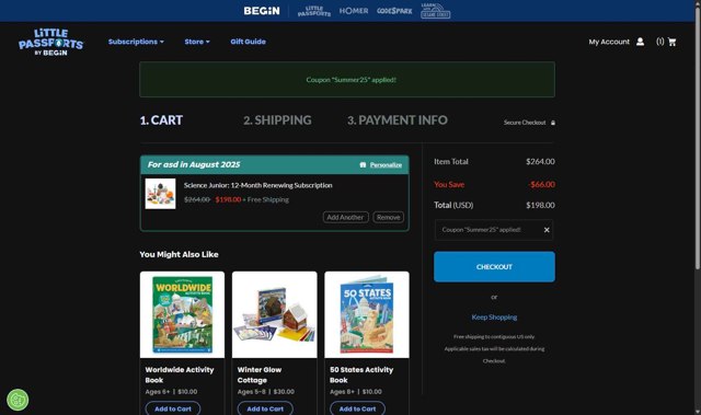 Little Passports checkout page showing Little Passports coupon code box | Screenshot taken by SimplyCodes community member on Aug 23, 2025