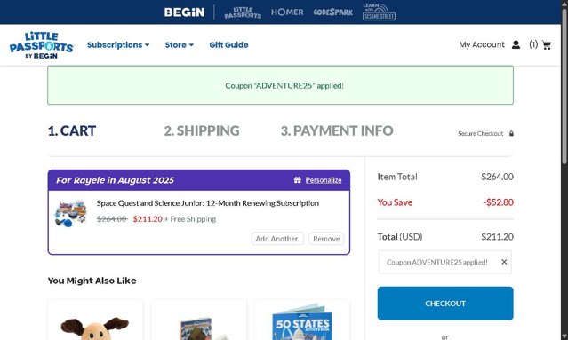 Little Passports checkout page showing Little Passports coupon code box | Screenshot taken by SimplyCodes community member on Aug 14, 2025