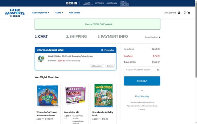 Little Passports checkout page showing Little Passports coupon code box | Screenshot taken by SimplyCodes community member on Aug 24, 2025