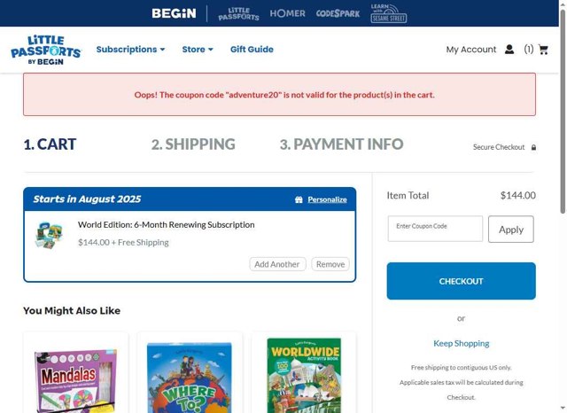Little Passports checkout page showing Little Passports coupon code box | Screenshot taken by SimplyCodes community member on Aug 14, 2025
