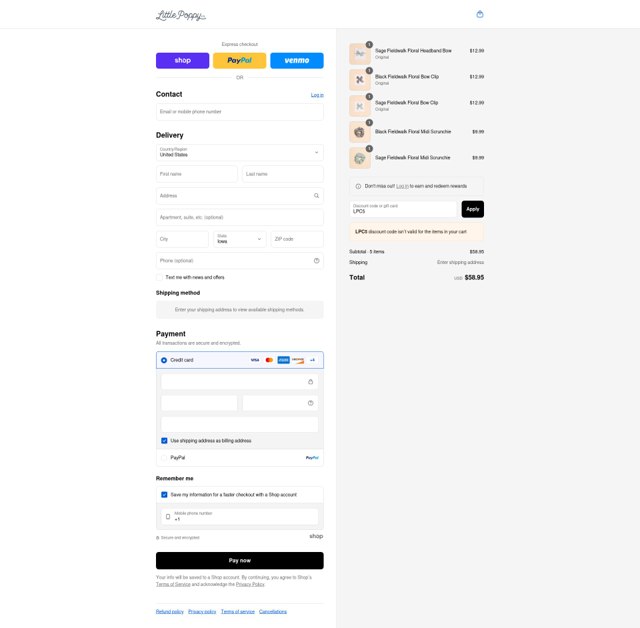Little Poppy checkout page showing Little Poppy promo code box | Screenshot taken by SimplyCodes community member on Sep 4, 2025