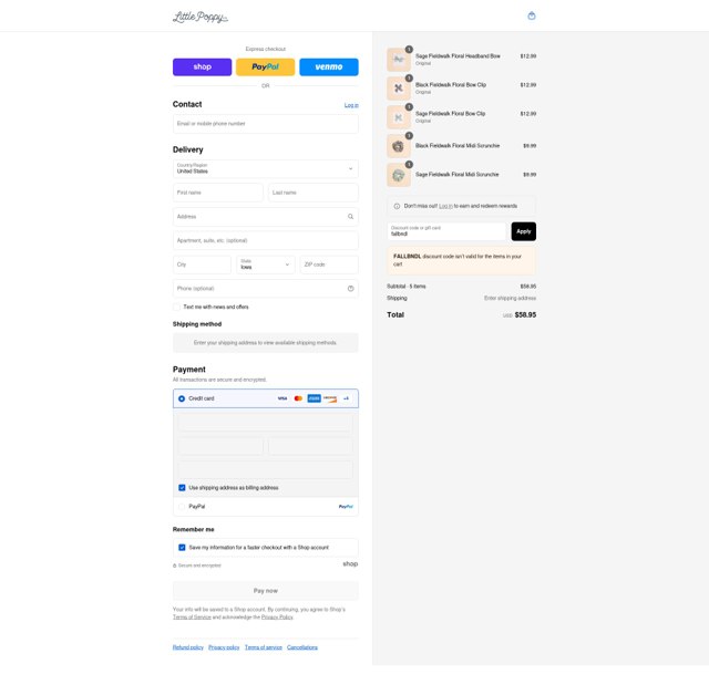 Little Poppy checkout page showing Little Poppy promo code box | Screenshot taken by SimplyCodes community member on Sep 4, 2025