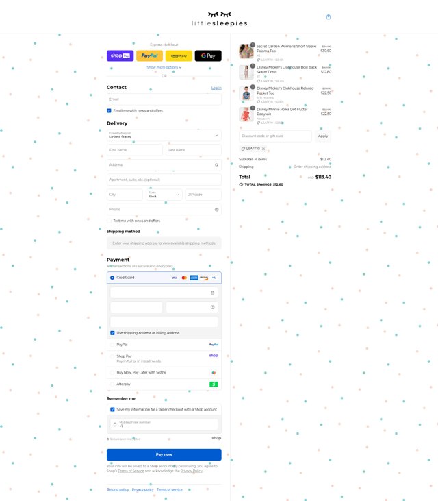 Little Sleepies checkout page showing Little Sleepies coupon code box | Screenshot taken by SimplyCodes community member on Aug 17, 2025