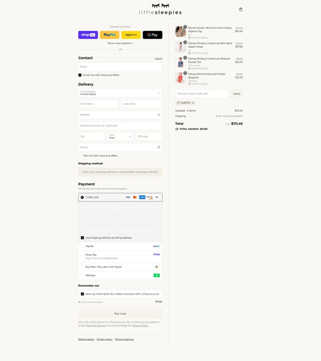 Little Sleepies checkout page showing Little Sleepies coupon code box | Screenshot taken by SimplyCodes community member on Aug 26, 2025