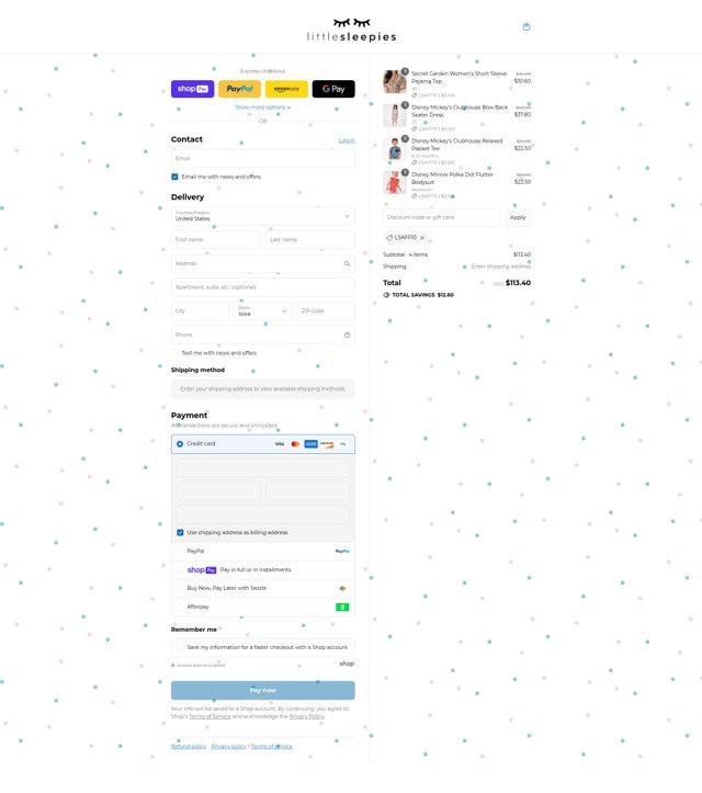 Little Sleepies checkout page showing Little Sleepies coupon code box | Screenshot taken by SimplyCodes community member on Aug 13, 2025