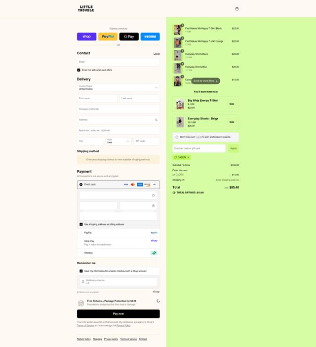Little Trouble checkout page showing Little Trouble discount code box | Screenshot taken by SimplyCodes community member on Sep 8, 2025