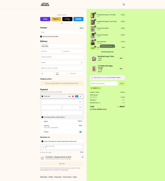 Little Trouble checkout page showing Little Trouble discount code box | Screenshot taken by SimplyCodes community member on Sep 12, 2025
