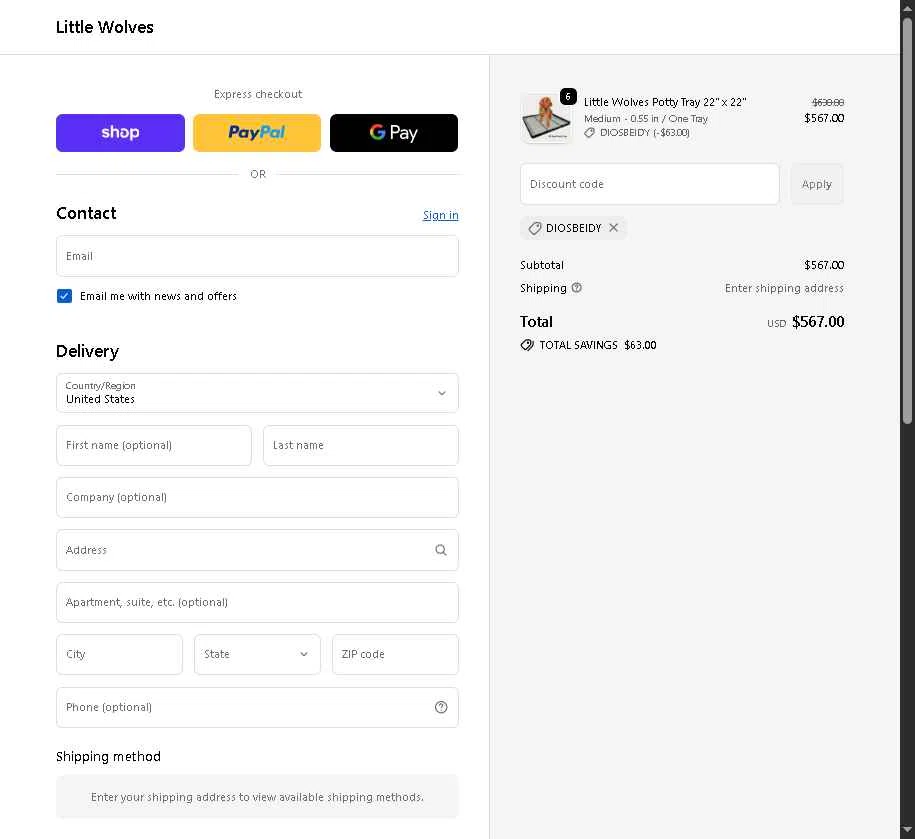 Little Wolves checkout page showing Little Wolves promo code box | Screenshot taken by SimplyCodes community member on Nov 21, 2025
