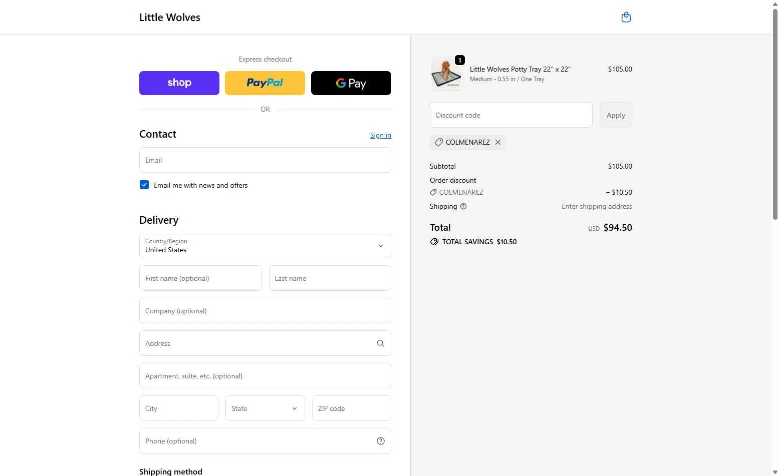 Little Wolves checkout page showing Little Wolves promo code box | Screenshot taken by SimplyCodes community member on Dec 12, 2025