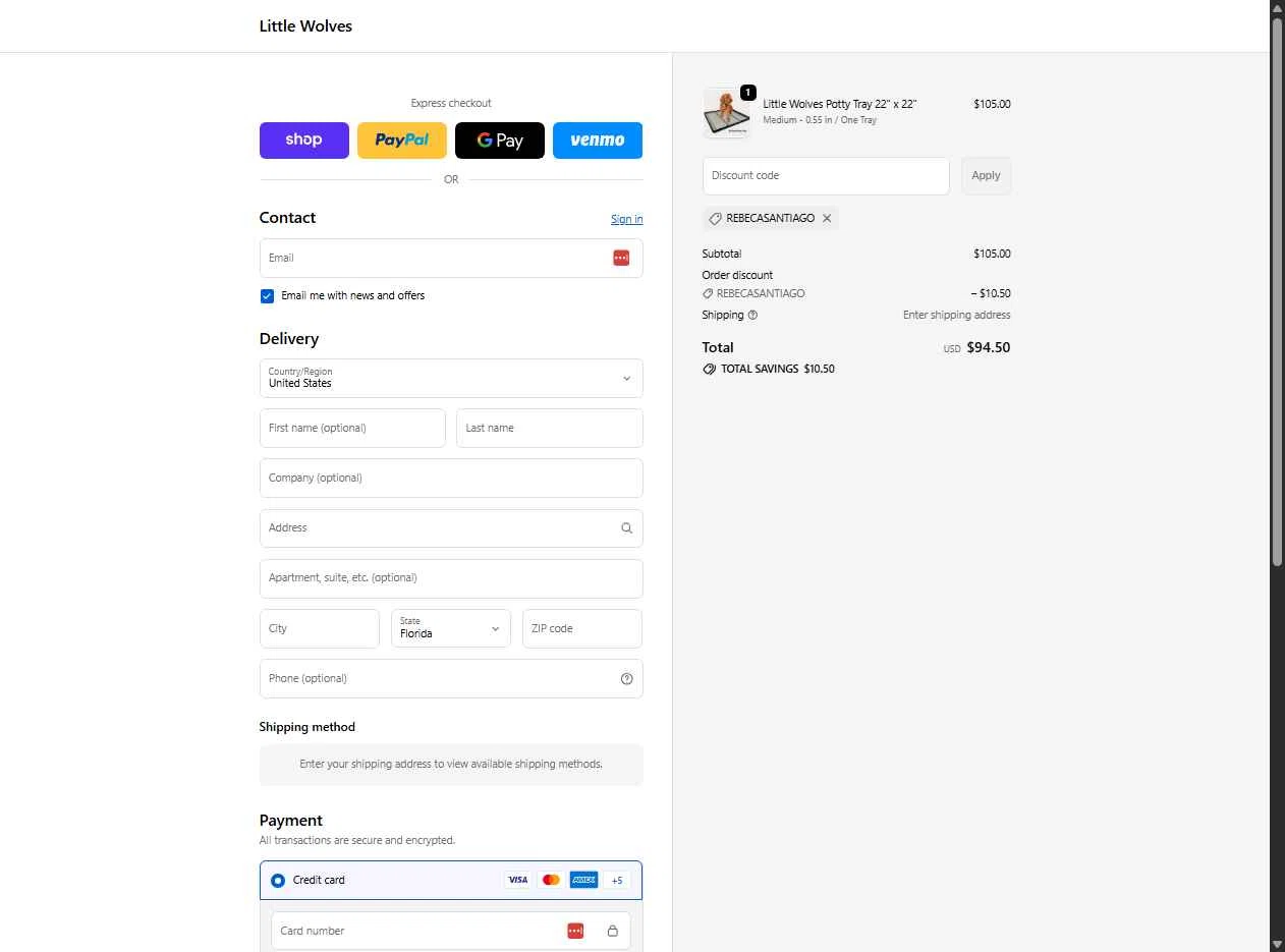 Little Wolves checkout page showing Little Wolves promo code box | Screenshot taken by SimplyCodes community member on Dec 17, 2025