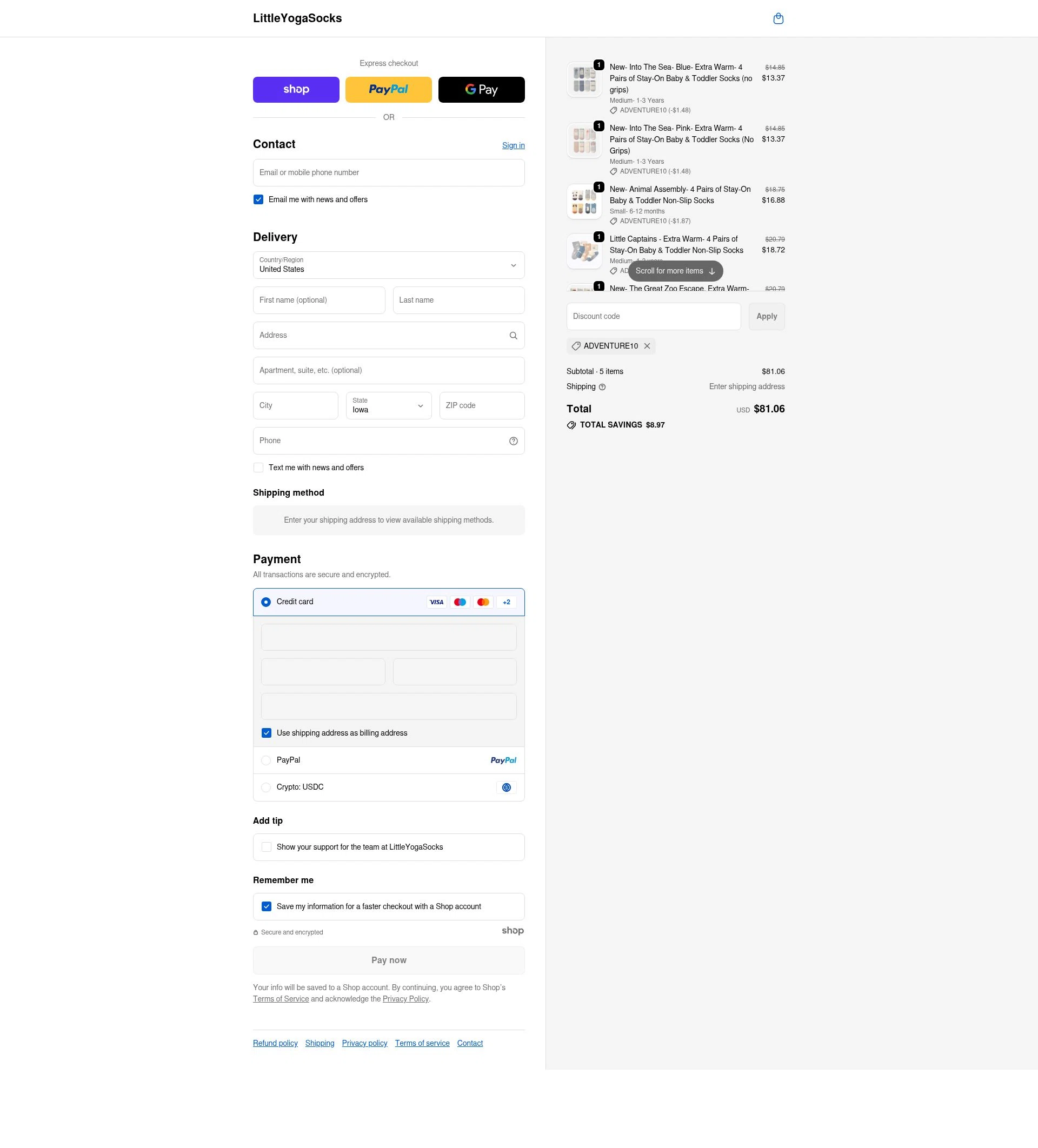 Little Yoga Socks checkout page showing Little Yoga Socks discount code box | Screenshot taken by SimplyCodes community member on Dec 9, 2025