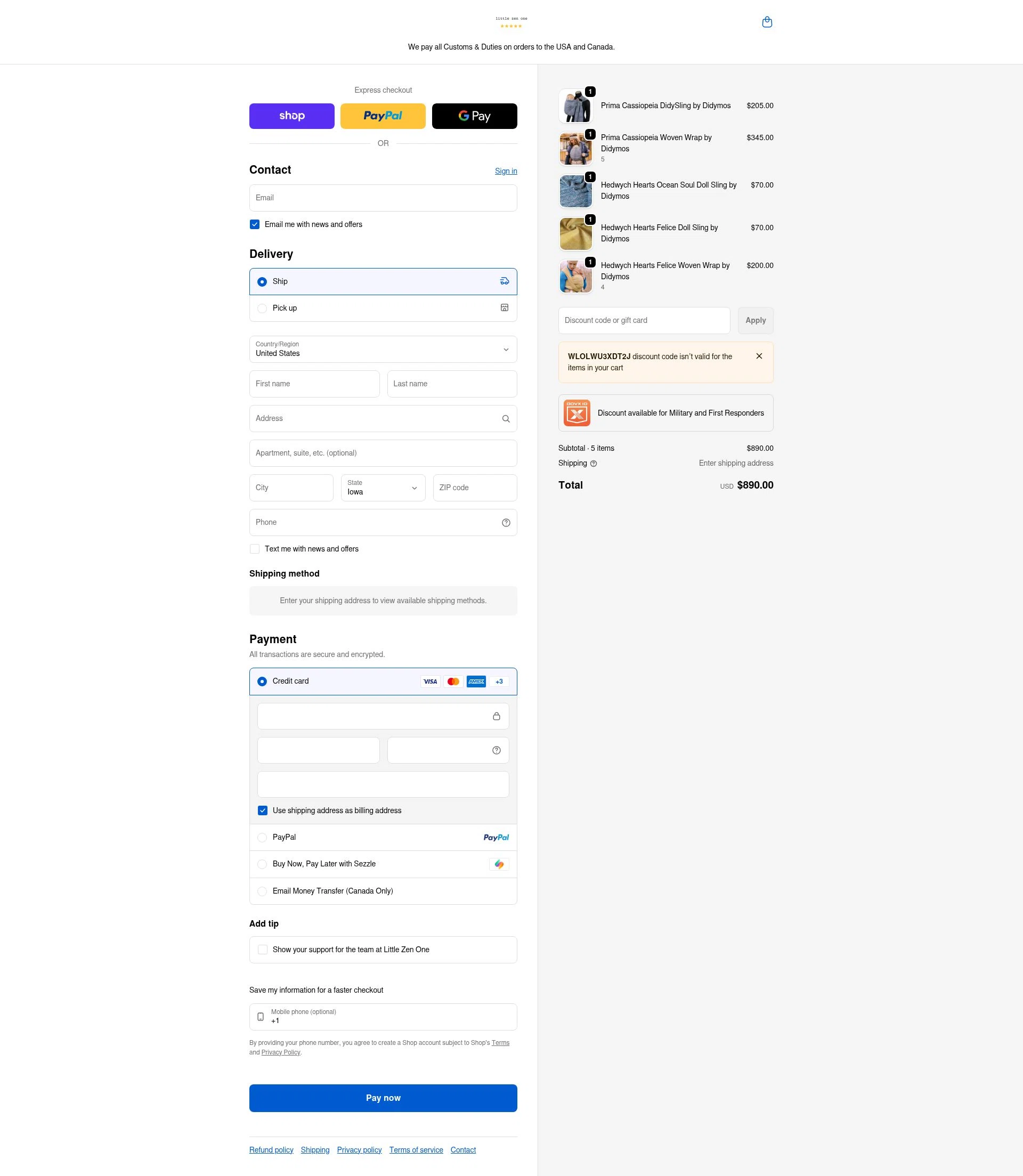 Little Zen One checkout page showing Little Zen One discount code box | Screenshot taken by SimplyCodes community member on Feb 7, 2026