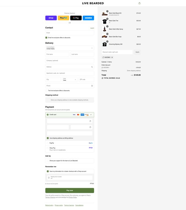 Live Bearded checkout page showing Live Bearded discount code box | Screenshot taken by SimplyCodes community member on Sep 1, 2025