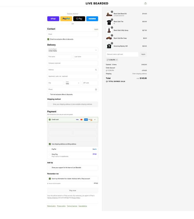 Live Bearded checkout page showing Live Bearded discount code box | Screenshot taken by SimplyCodes community member on Sep 1, 2025