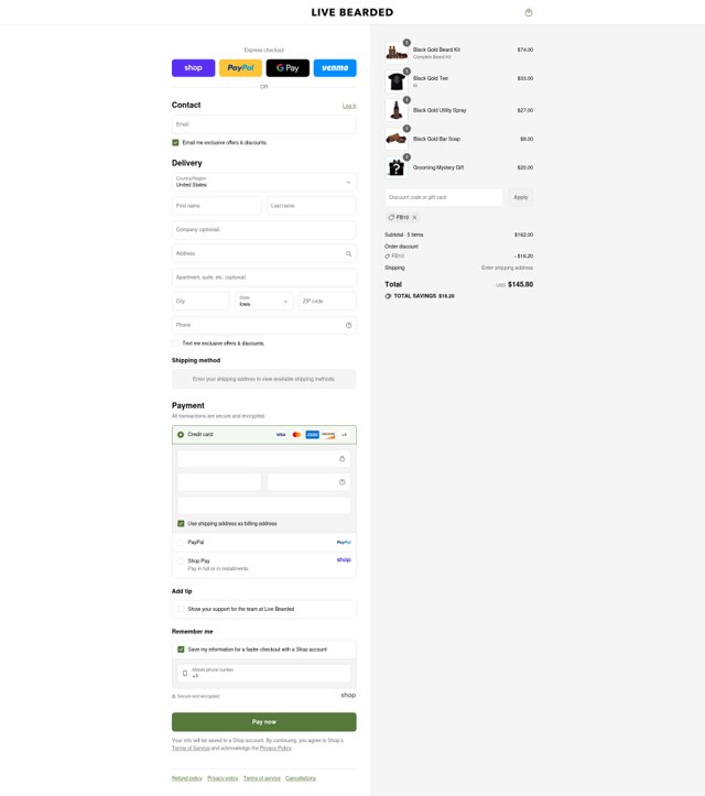 Live Bearded checkout page showing Live Bearded discount code box | Screenshot taken by SimplyCodes community member on Sep 1, 2025