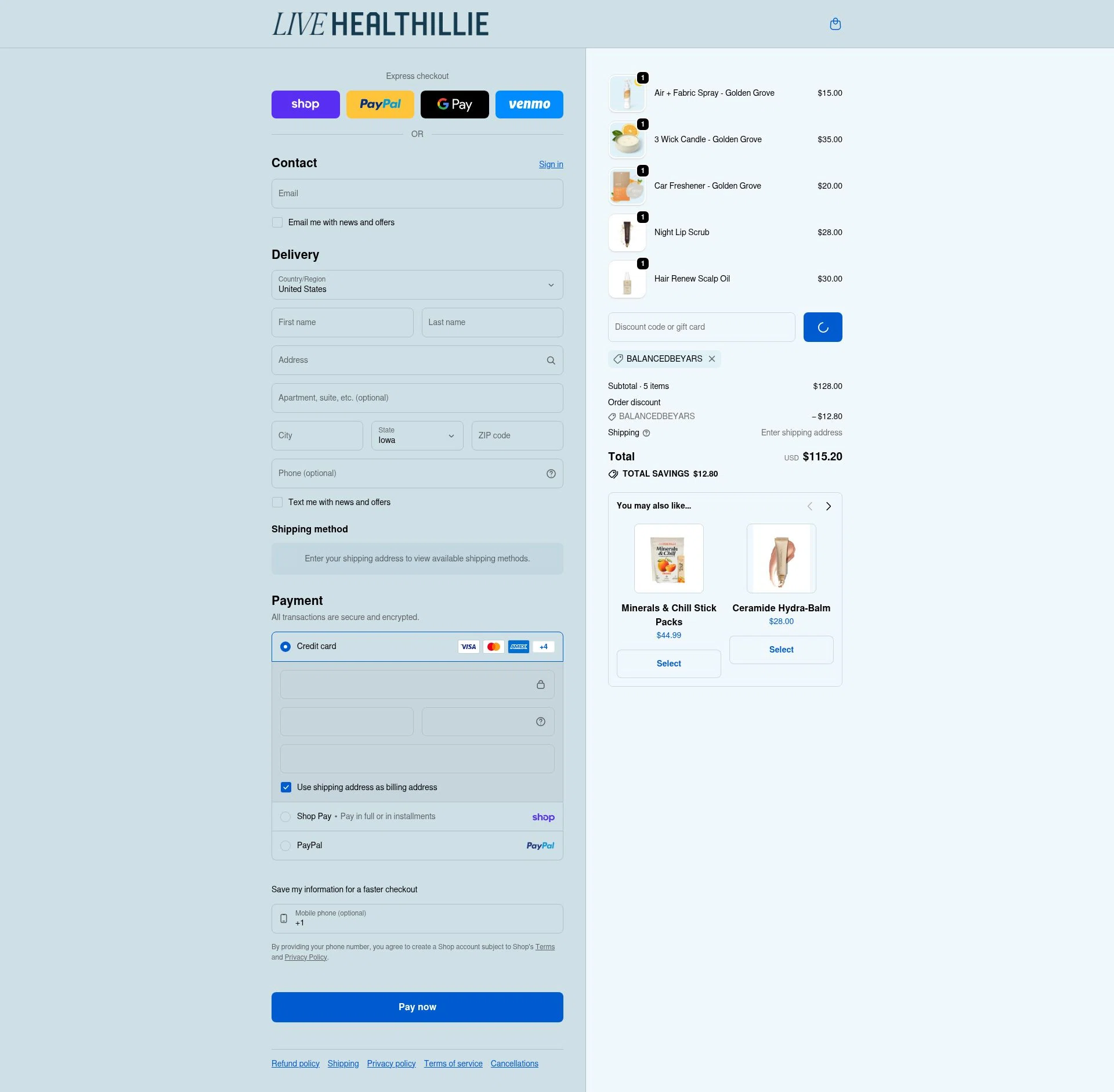 Live Healthillie checkout page showing Live Healthillie discount code box | Screenshot taken by SimplyCodes community member on Feb 9, 2026