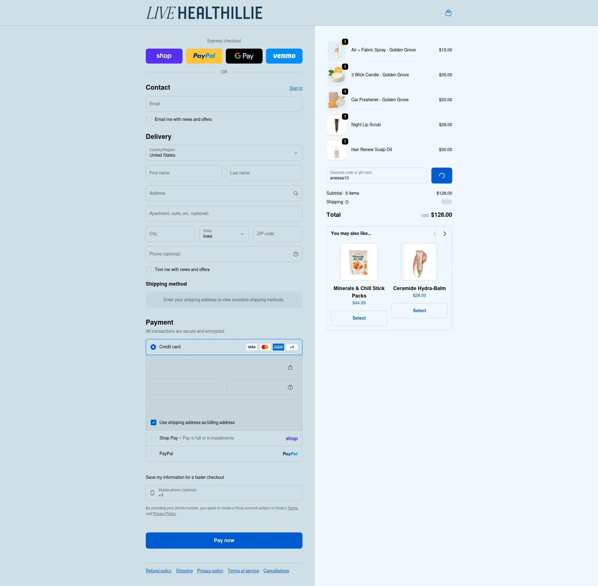 Live Healthillie checkout page showing Live Healthillie discount code box | Screenshot taken by SimplyCodes community member on Feb 9, 2026