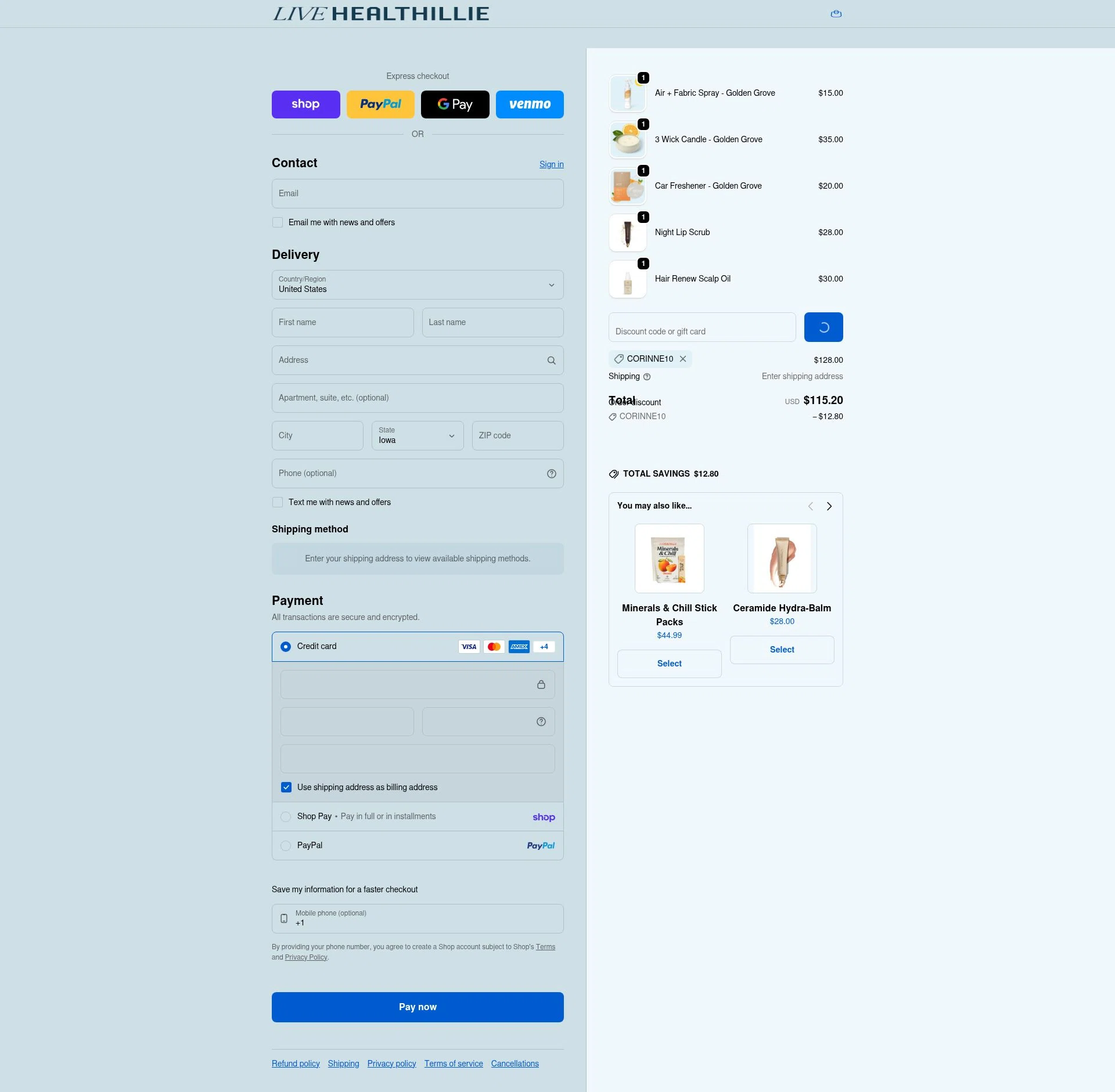 Live Healthillie checkout page showing Live Healthillie discount code box | Screenshot taken by SimplyCodes community member on Feb 9, 2026